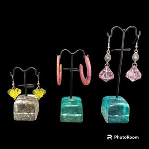 HANDMADE Yellow & Pink C-Shaped Hoops & Dangle Earrings Variety Set of 3 Pairs